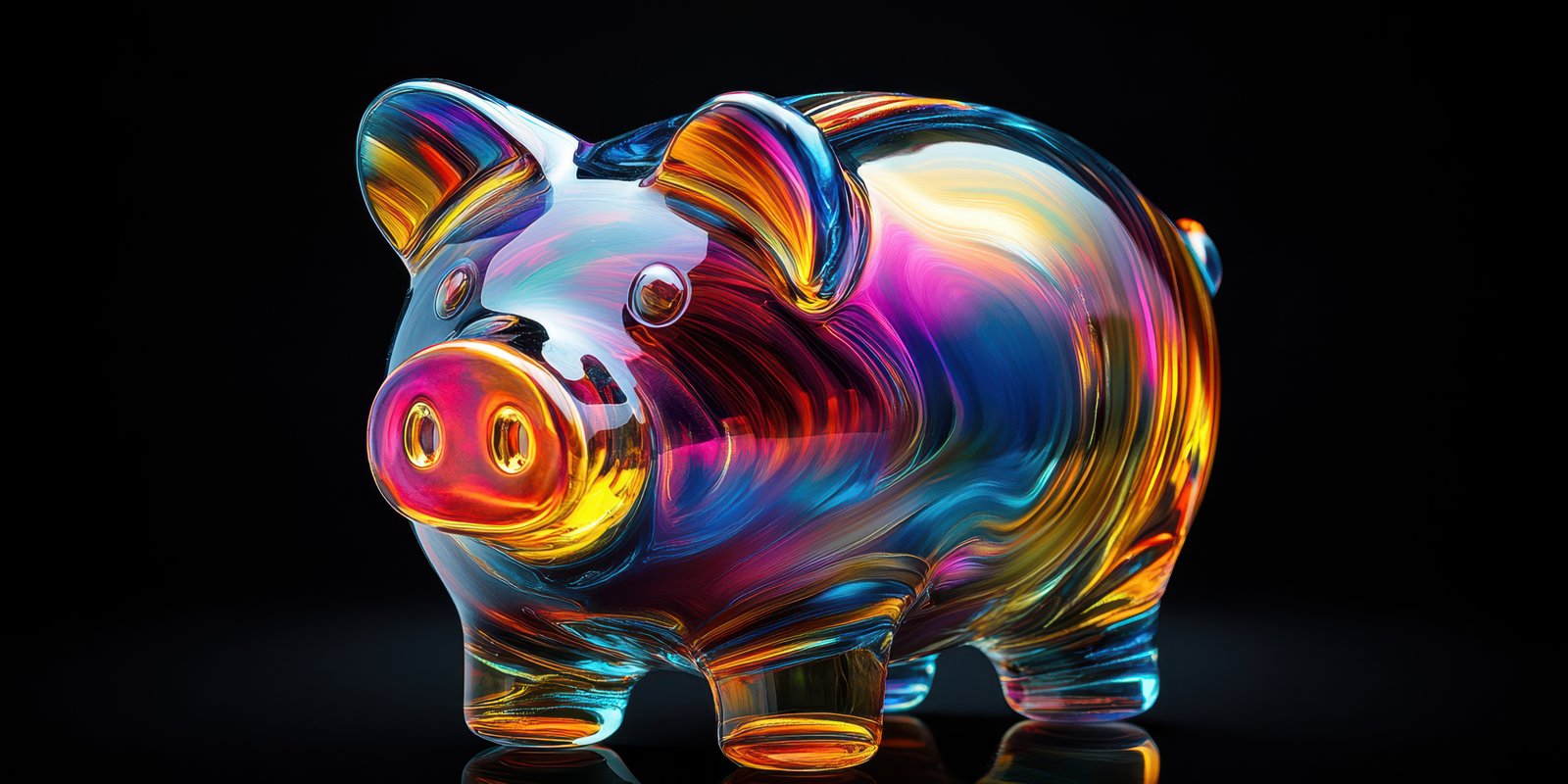 Colorful glass piggy bank showcases vibrant design and craftsmanship in a modern display against a dark background